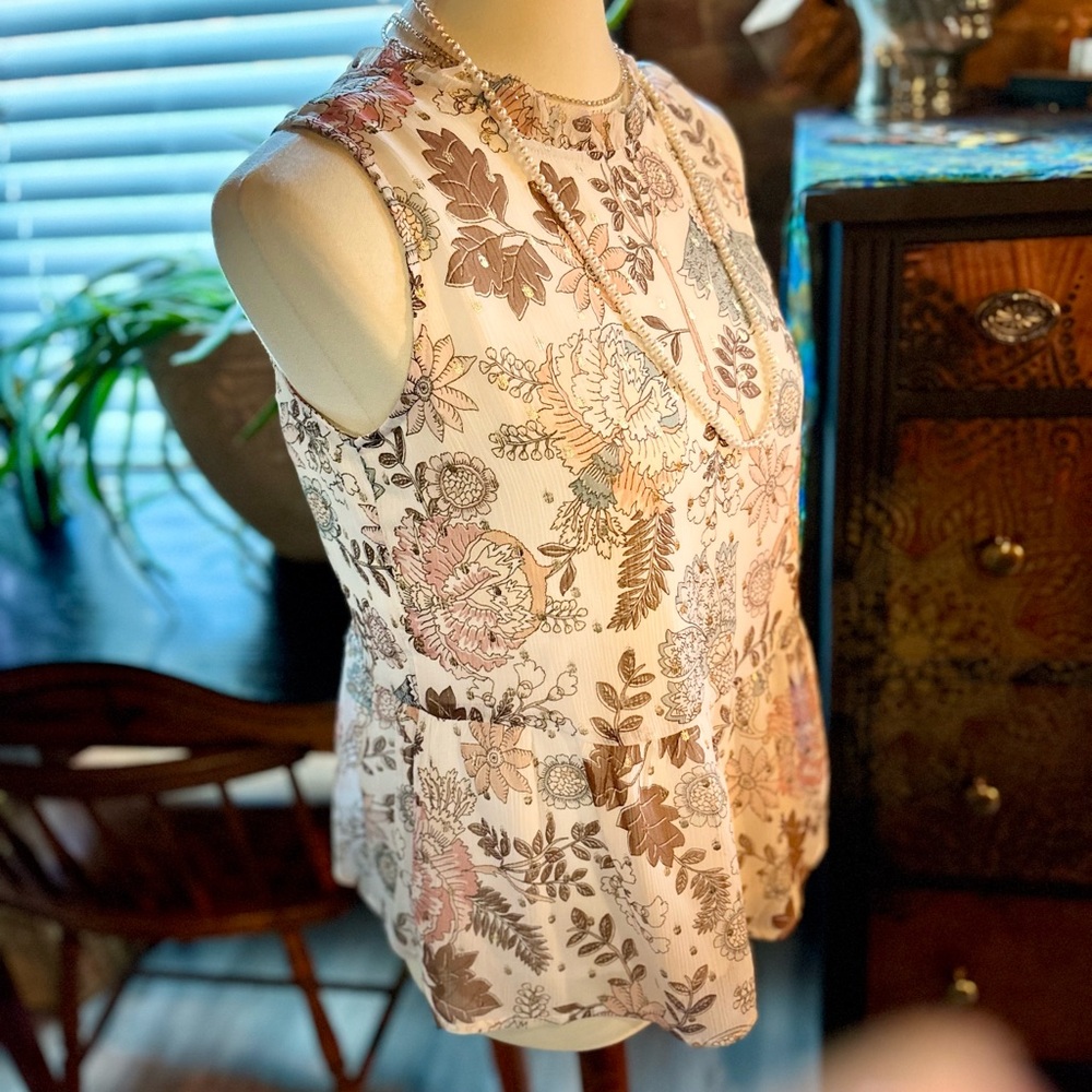 LOFT Romantic Sleeveless Blouse in soft shades of cream, bronze, blue & peach